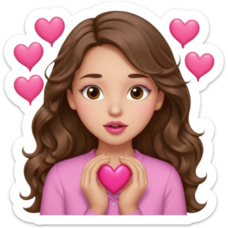 girl with long wavy brown hair, brown eyes, light to medium complexion, in a pink shirt, pink lips, long lashes, puckering up for a kiss, many  hearts in hand sticker