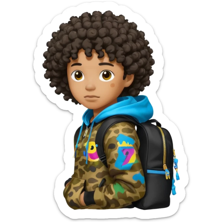 blasian teenager with curly hair, and bape x sprayground hoodie and sprayground backpack sticker