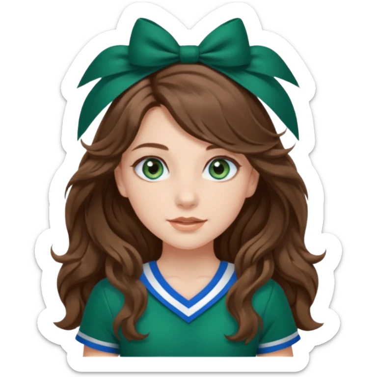 A pretty girl with BLUE EYES, brown long wavy hair, and wear green Hawkins cheerleader uniform sticker