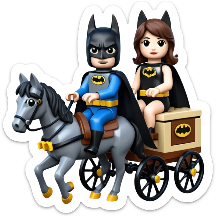  Ultra cute  Lego detailed 1854 Batman and pretty Catgirl driving dream horse drawn Caravan alone at romantic trails in the woods  sticker