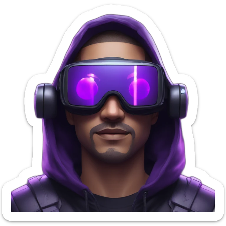 Cyberpunk style. Violet neon. Man with white skin in the black hoody with violet OMG VR logo on it wearing vr headset oculus quest 2 sticker