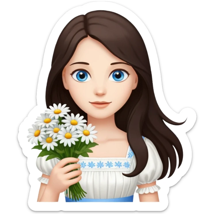 A lady stand with dark brown long hair and blue eyes, wearing a white dress, holds a bouquet of daisies.  sticker
