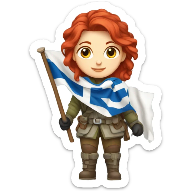 female winter mountaineer red hair holding greek flag sticker
