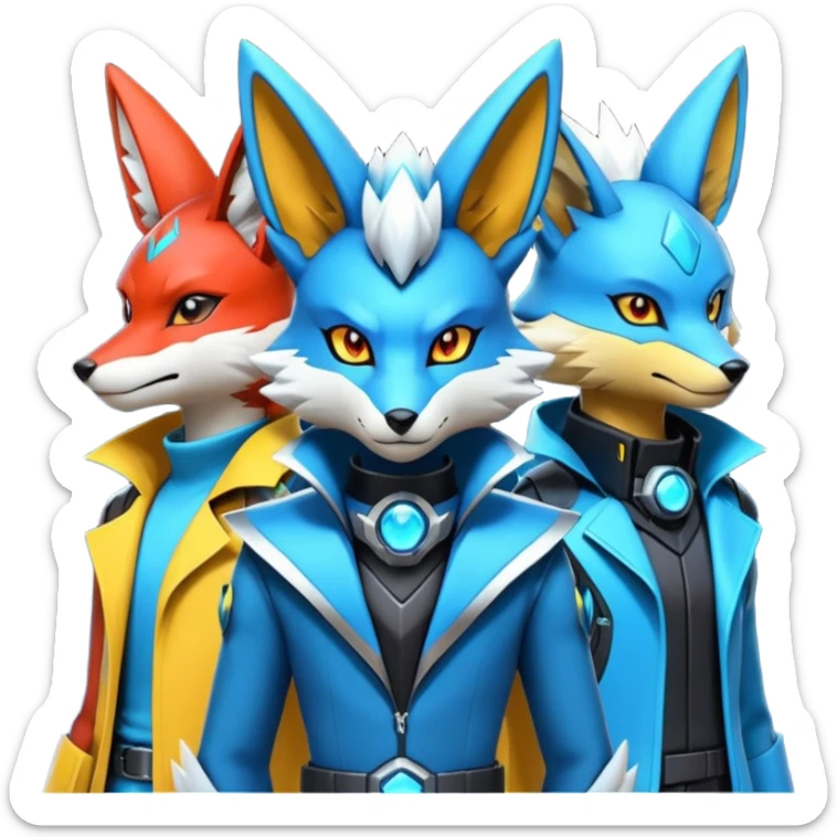 Futuristic modern colorful cyberpunk-Delphox-Zeraora-Lucario-fusion sticker