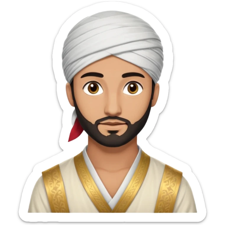 
-Apariencia: Joven de unos 25-30 años, atractivo,.
-Rostro: Ojos oscuros, piel ligeramente morena, rasgos árabes finos.
-Cabello: Negro, algo rizado o suelto, con barba fina.
-cuerpo entero  puede llevar una túnica más oriental, con faja y turbante sencillo sticker