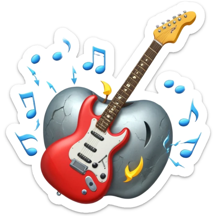 A 3D Apple-style emoji of a bold “ROCK” text written in shiny metallic letters, with an electric guitar leaning on the text, surrounded by small music notes and lightning bolts, energetic and powerful rock music vibe sticker
