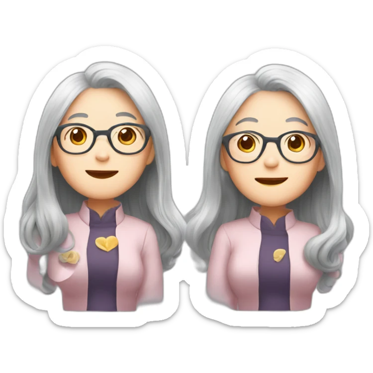 Chinese senior lady wear glasses has long hair show love gesture sticker