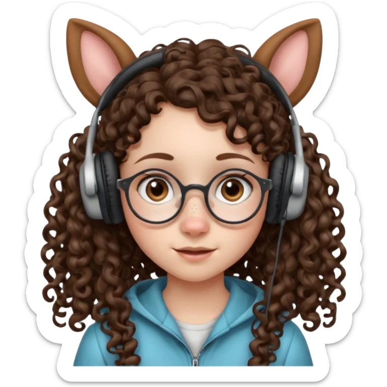 brunette kid with unique face features and very curly long hair kid girl neutral and very big nose and ears and dark eyes with freckles kind of nerd looking and headphone wearing sticker