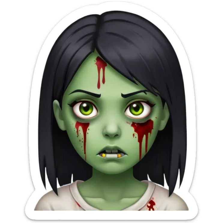 zombie girl, straight black hair, green skin, blood on her face, serious expression.  sticker