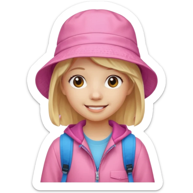 A student white skin, blonde hair, with pink bucket hat, orange jacket, blue backpack sticker