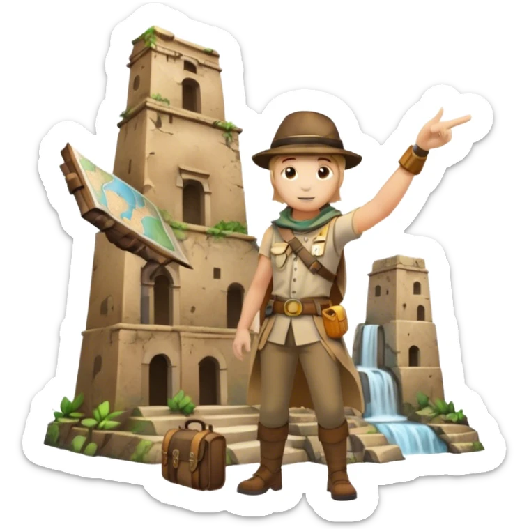 Icon for Documentary Film (TV style): A traveler pointing backward and narrating in front of ancient ruins. Include elements like historical landmarks, maps, and exploration tools to evoke a sense of adventure. Transparent background. sticker