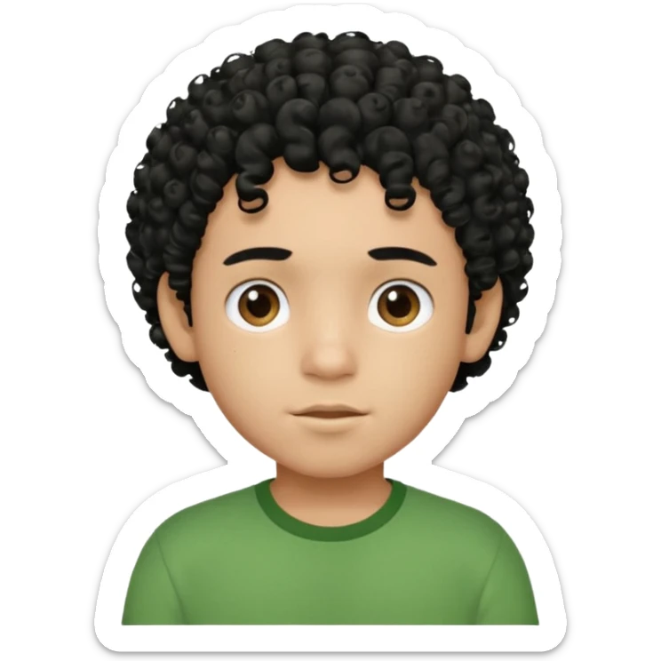 Curly, dominican boy, Phototype II, black hair, with green shirt sticker