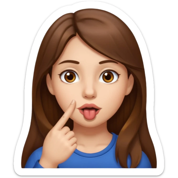 Emoji Fille cheveux long et brun yeux brun avec un doigt dans la bouche comme le truc baka sticker