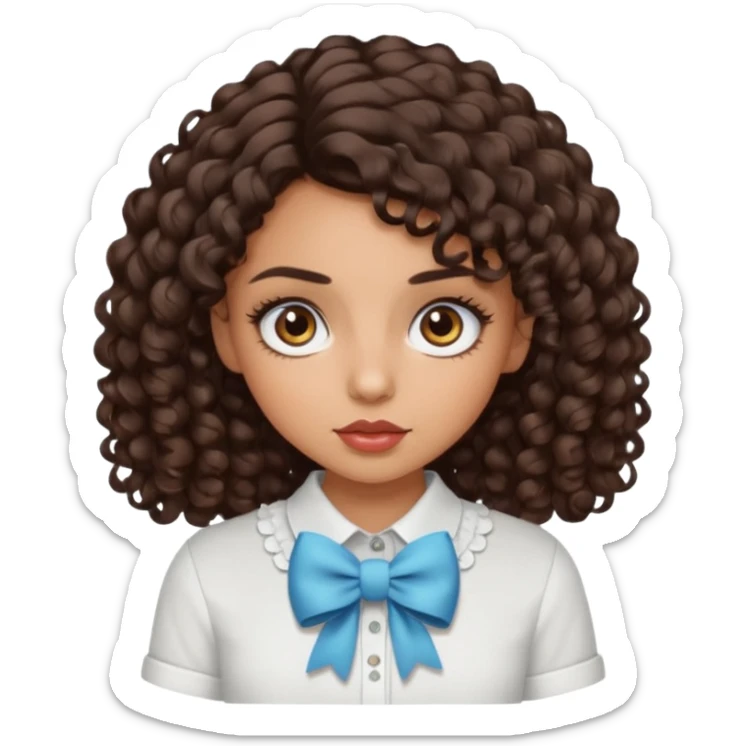 Do a Curly haired girl with dark brown hair, brown eyes, medium tan skin, big eyes and big lashes, with thin lips and add a shirt with a bow sticker