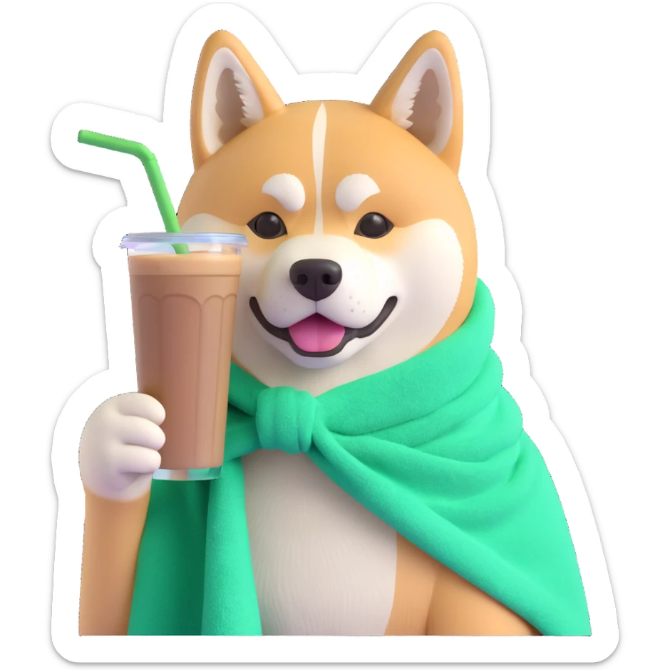 cute and expressive Akita Inu dog with a green towel tied around its head, drinking iced coffee sticker