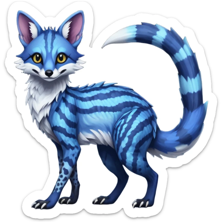 Feral Rare Fantasy scaly evil spooky vibrant dark shady shaded detailed deep-dark-cobalt-blue-gradients-colored colorful Vernid-Sergal-Genet-Trico-Fox-species by LiLaiRa, with dark-blackish points, white belly, random markings, tufted tail, tufted ears, full body sticker