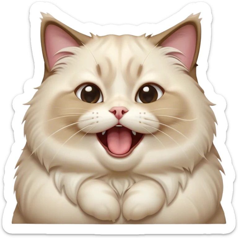 Cinematic Cute Chubby Ragdoll Cat Portrait Emoji, Head tilted playfully and yawning, round and plump body with soft, silky fur in a mix of light and darker points, Simplified yet adorable features, highly detailed, glowing with a warm, friendly glow, high shine, curious yet calm, stylized with a touch of whimsy, bright and endearing, soft glowing outline, capturing the essence of a mischievous yet loving and lazy kitty, so cute it feels like it could stretch out of the screen and cuddle! sticker