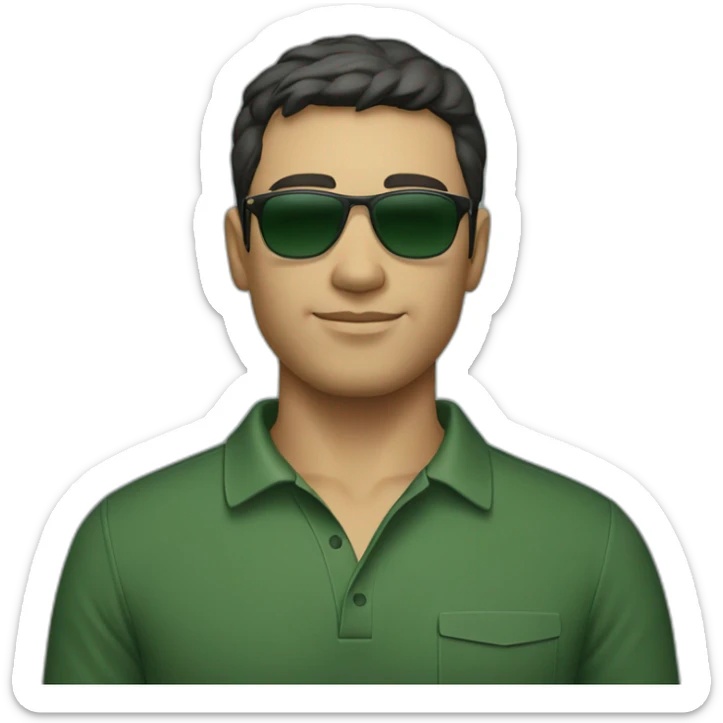  a man with short dark hair and fair skin, wearing sunglasses and a dark green polo shirt sticker