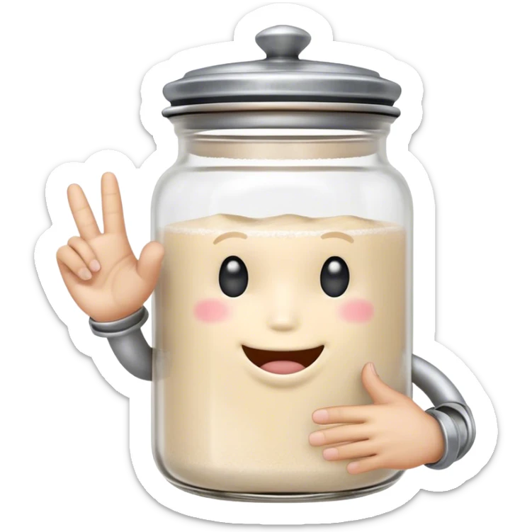 A cute anthropomorphic salt jar with transparent glass body and metal lid,with thumb and pinky extended on each hand, other fingers folded sticker