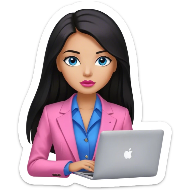 Glamours tanned very beautiful girl with very pump nude lips and black straight smooth long hair, blue eyes and pink blazer with MacBook  sticker