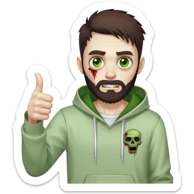 zombie with thumbs up gesture, undercut hairstyle with dark brown hair, short full beard, heterochromia with one green eye and one brown eye, wearing plain white hoodie sticker