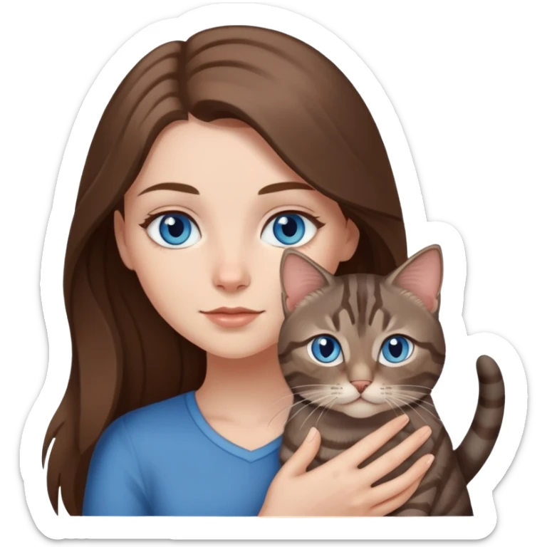 White girl with blue eyes and long brown hair, holding a small dark gray tabby cat sticker