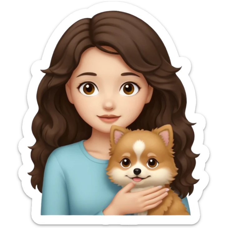 light-skinned-girl-wavy-dark-brown-hair-brown-eyes-petting-light-beige-pomeranian sticker