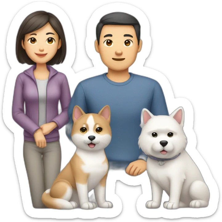 asian dad, white mom, akita dog, grey cat family sticker