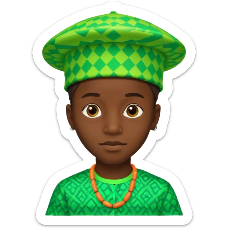 Create me an emoji of a beautiful cool Young Nigerian prince wearing a neon green gradient African patterns with a Nigerian-inspired hat sticker