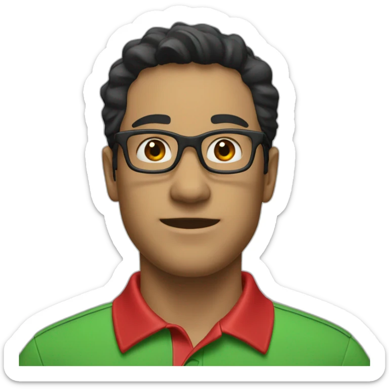 Man with black hair and glasses wearing green polo shirt with red color collar of the shirt sticker