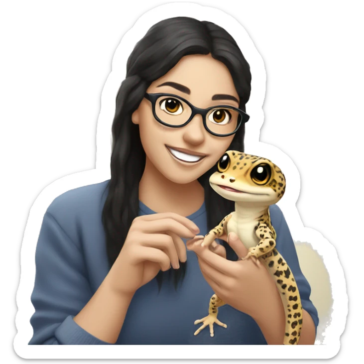 white skinned girl with warm smile and glasses and black hair and eyebrow piercings holding a leopard gecko in her hands  sticker