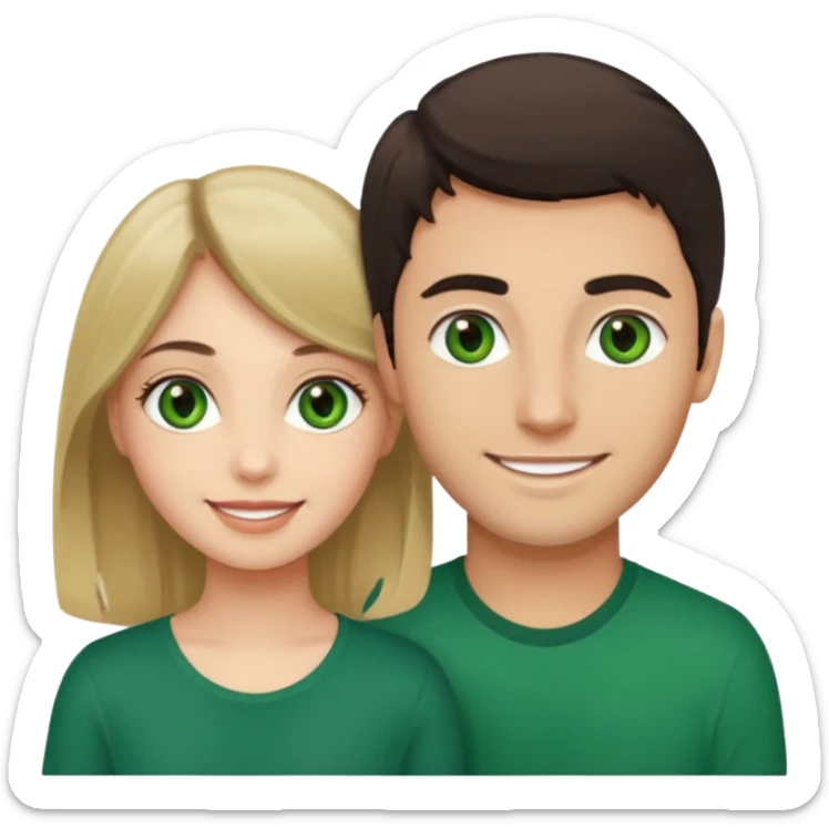 A girl with green eyes and dark hair with her boyfriend with light brown eyes and dark blonde hair and a cavanhaque sticker