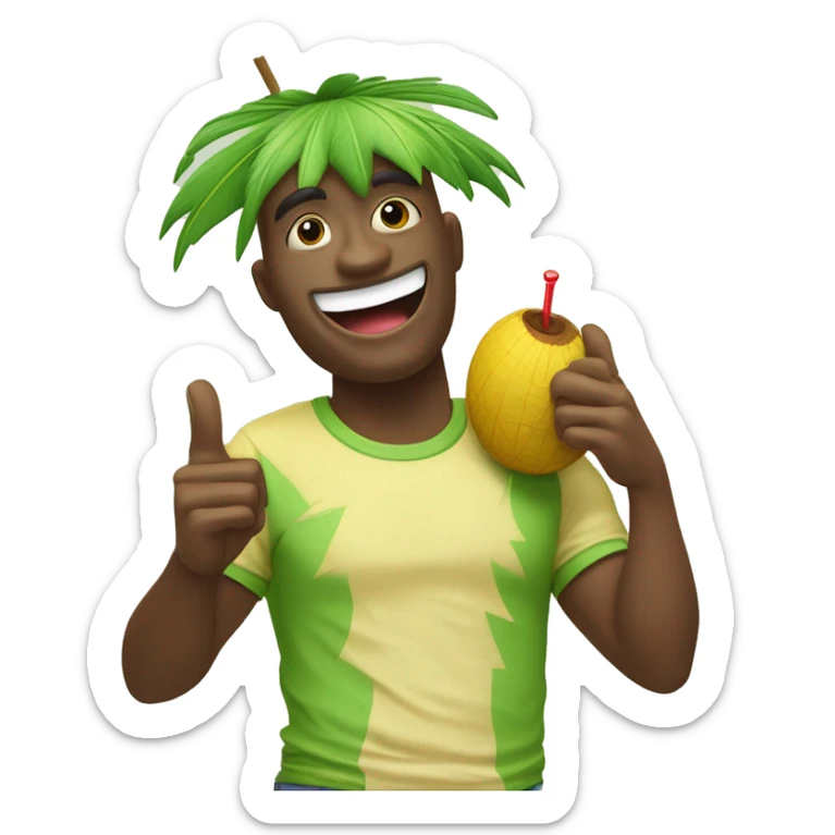 "Create a fun emoji of a green coconut with a red straw on top. The coconut is wearing a yellow t-shirt and making a 'C' gesture with one hand and a 'thumbs up' with the other. The character should appear cheerful and inviting." sticker