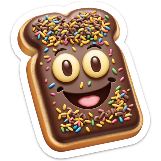 Cinematic Realistic Hagelslag Treat Emoji, depicted as crunchy chocolate sprinkles on buttered bread rendered with vivid textures and playful, inviting lighting. sticker