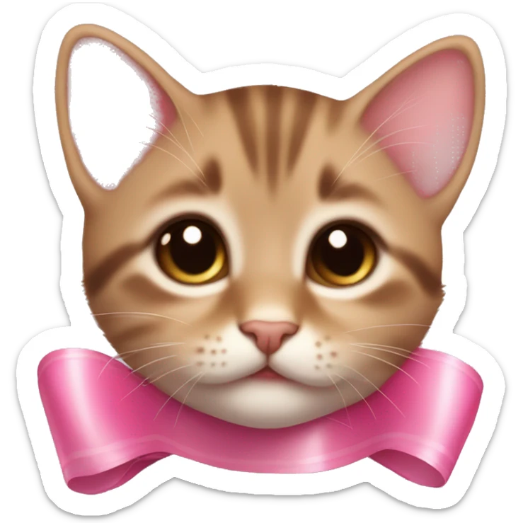 Small Little brown kitten with a pink ribbon around its neck, with big brown eyes and pink toungue sticker