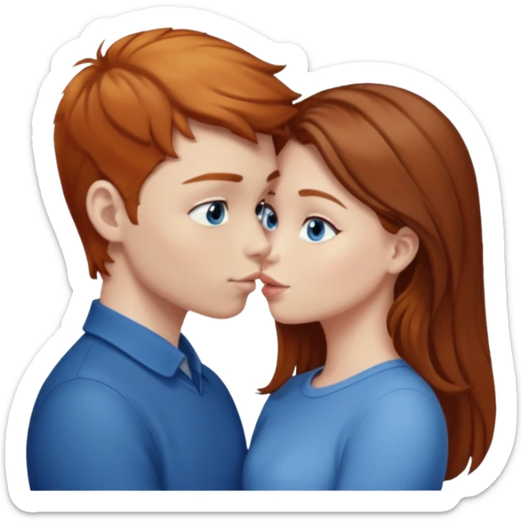 Girl with straight brown hair kissing ginger boy. Both have blue eyes  sticker