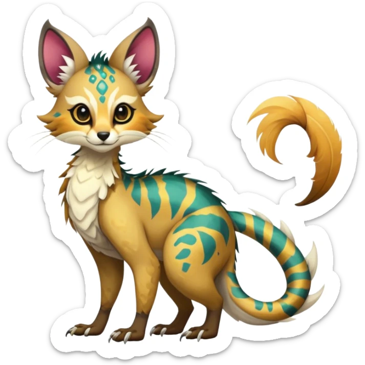 Feral Rare Fantasy vibrant tropical Vernid-Trico-species-creature by LiLaiRa, random markings, tufted tail, tufted ears, full body sticker