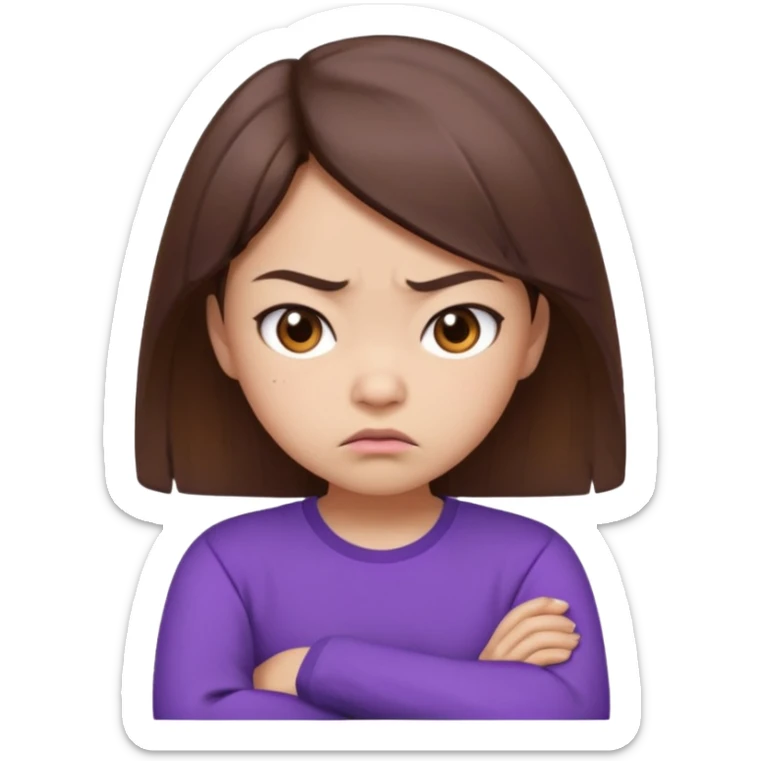Angry Pouty girl with small asian eyes folding arms in a purple longsleeve shirt she has fair skin and brown hair sticker