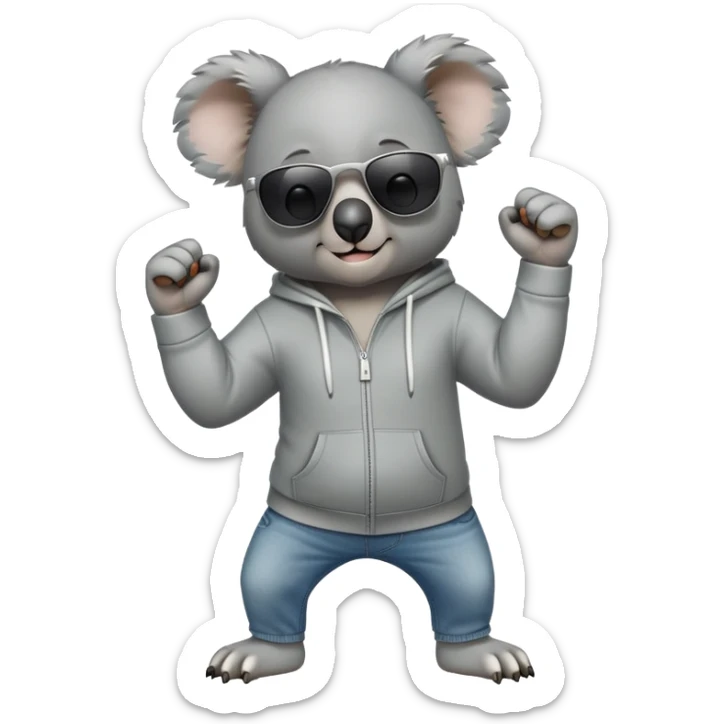 anthropomorphised koala, full body, wearing a hoodie and jeans, dark sunglasses, shaking fist sticker