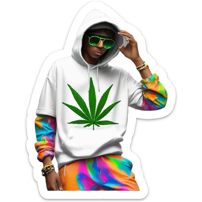 Hemp leaves Multicoloured neon person smoking wearing hoodie dancing hip hop bucket hat tropical Skater fashion aesthetic baggy clothes graphic t shirt 420 sticker