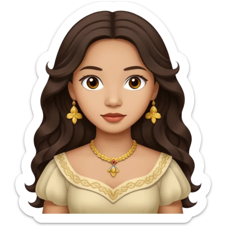 Tan Filipino woman with dark brown eyes and long dark wavy hair parted in the middle wearing a traditional filipiniana sticker