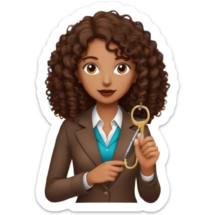 Dark brown lady with medium brown mid length curly hair in real estate job with house and keys sticker