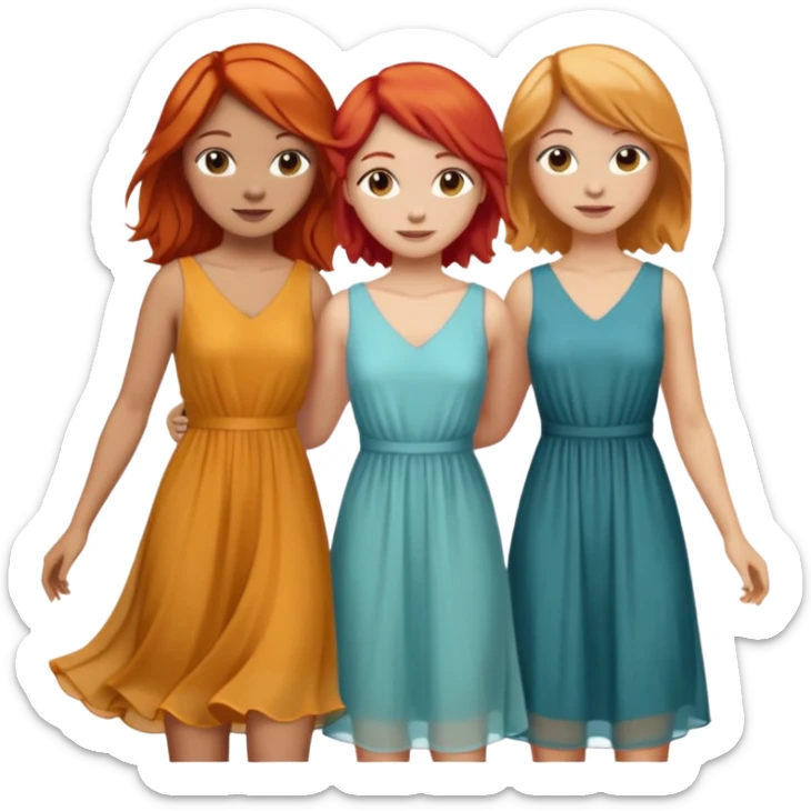 Can you create an image of 3 friends together one with red bright hair light skin one the other with brown hair with some blonde highlights in the hair fair skin the last one with light brown a tint of orange hair with flowy dresses sticker