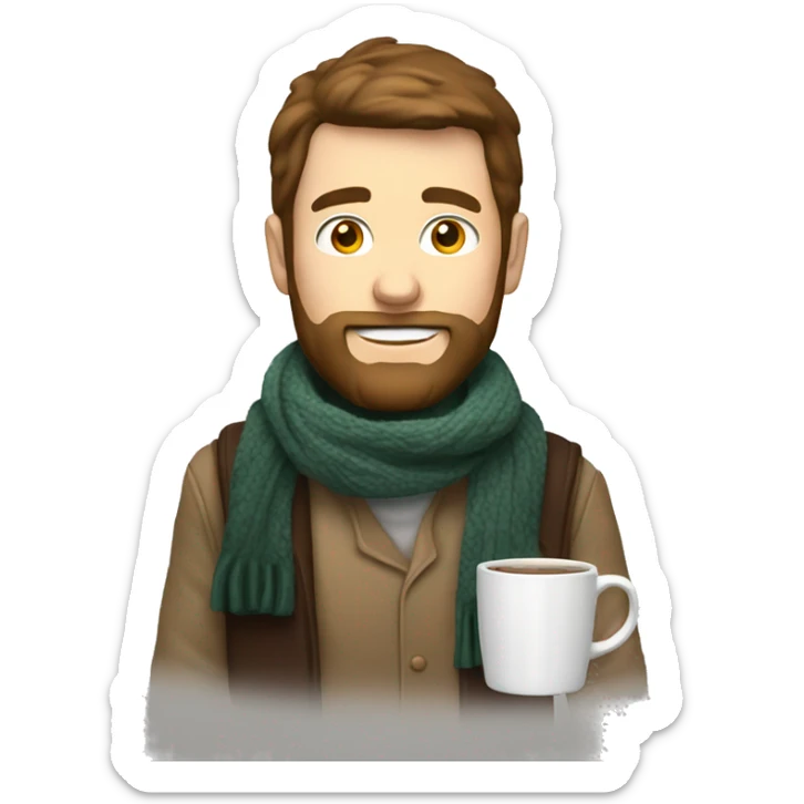 white male with brown mullet and beard with raised eyebrow and scarf holding mug sticker