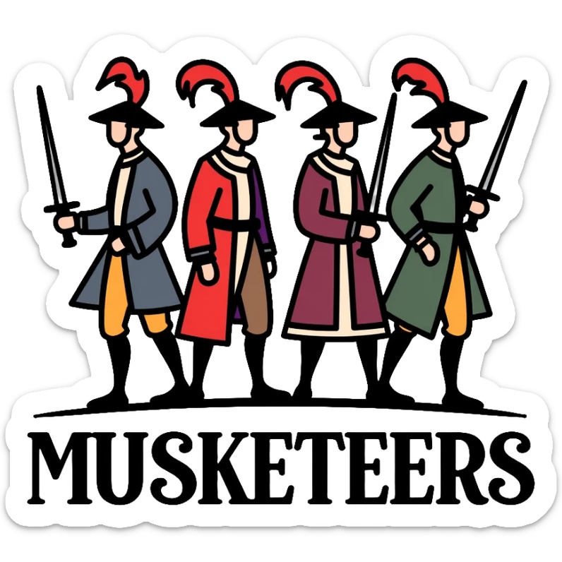 Four musketeers with feathered hats and swords with the text "4 Musketeers" sticker