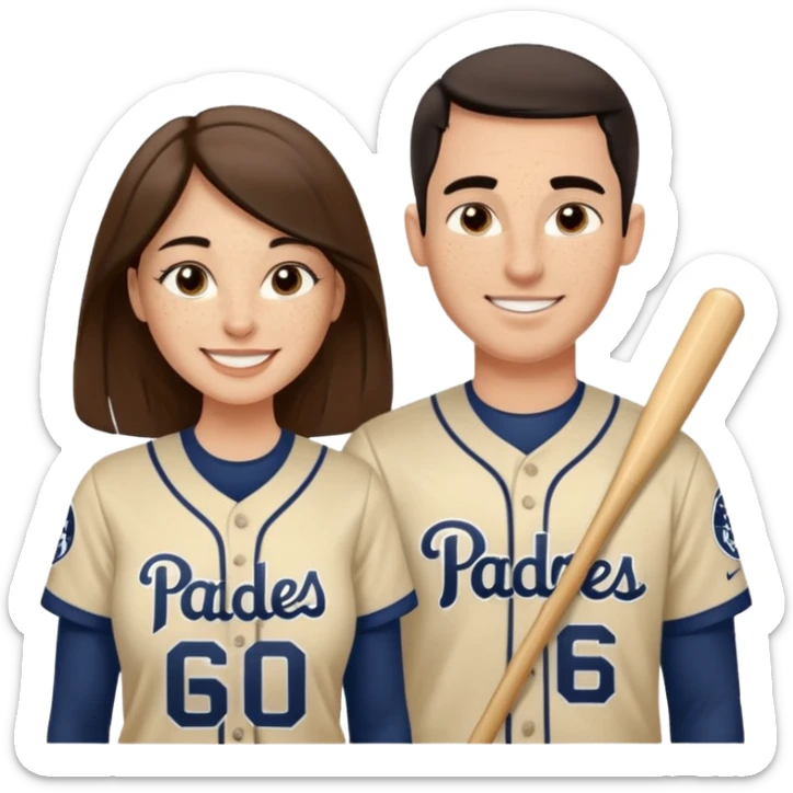 *White* Smiling couple. Woman has big cheeks and a lot of freckles on the nose. long brown hair. Man has black and very short hair and prominent eyebrows with egipcian nose. Both are wearing “Los Padres” baseball jerseys and with a sign that says “Go Padres!” sticker
