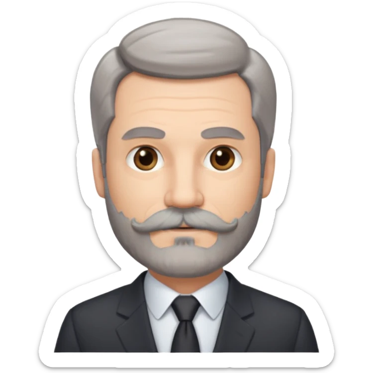 50 yr old white man, pale skin, dark grey hair with some brown highlights, side swept part, groomed moustache and beard sticker