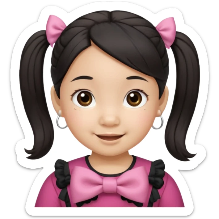 mixed toddler girl asian and american with bow pigtails, dark brown/black hair with big brown eyes emoji sticker