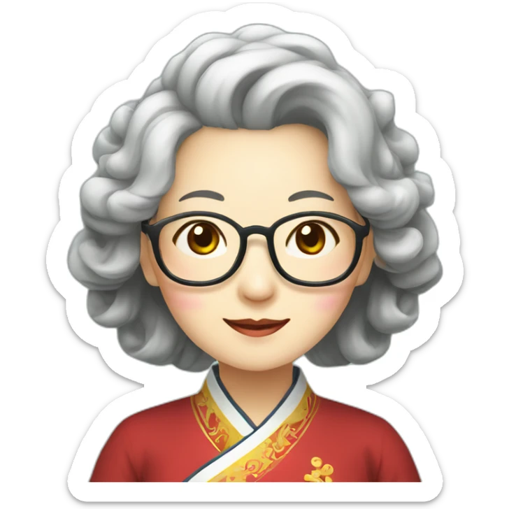 Chinese seniors lady wear glasses has wavy long hair wear Chinese traditional dress show appreciation sign sticker