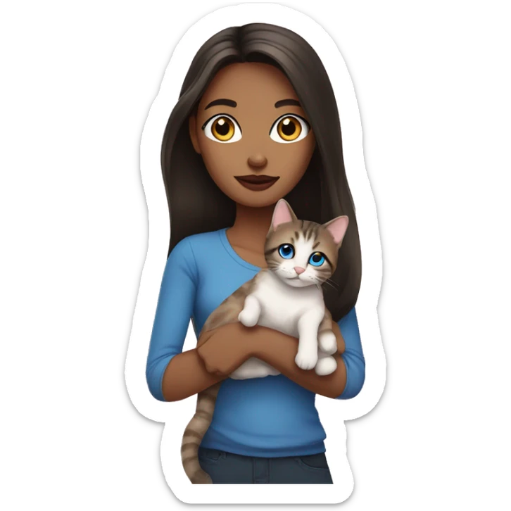 Woman with dark long hair, pink lips and blue eyes holding a tabby cat  sticker